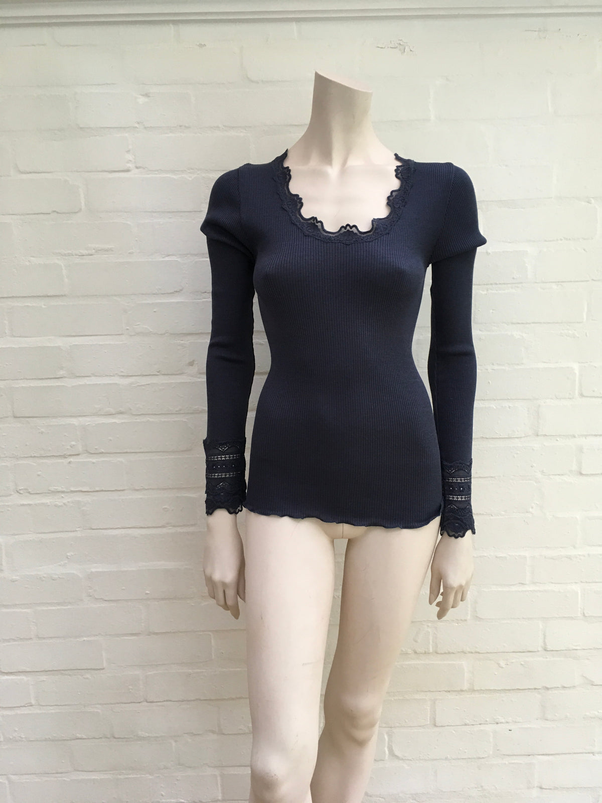 Rosemunde Copenhagen Silk Cotton Long Sleeve Lace Top - Navy Size L Large Ladies