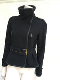 BURBERRY Brit Cashmere and Wool Leather Trim Navy Coat Ladies