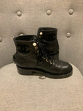 CHANEL Patent Leather Pearls Interlocking CC Logo Combat Boots BOOTIES SIZE 37.5  ladies