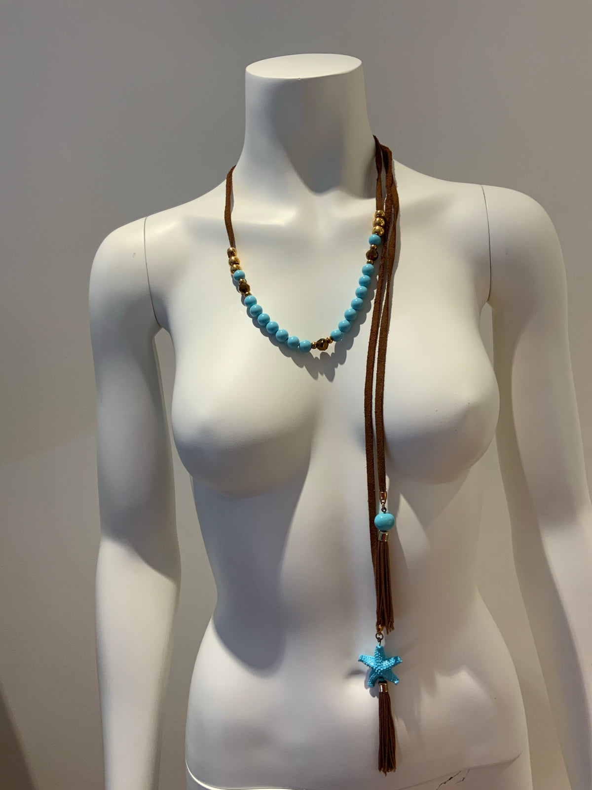 Brown Suede Blue Beaded Stone Star Pendant Chain Necklace ladies