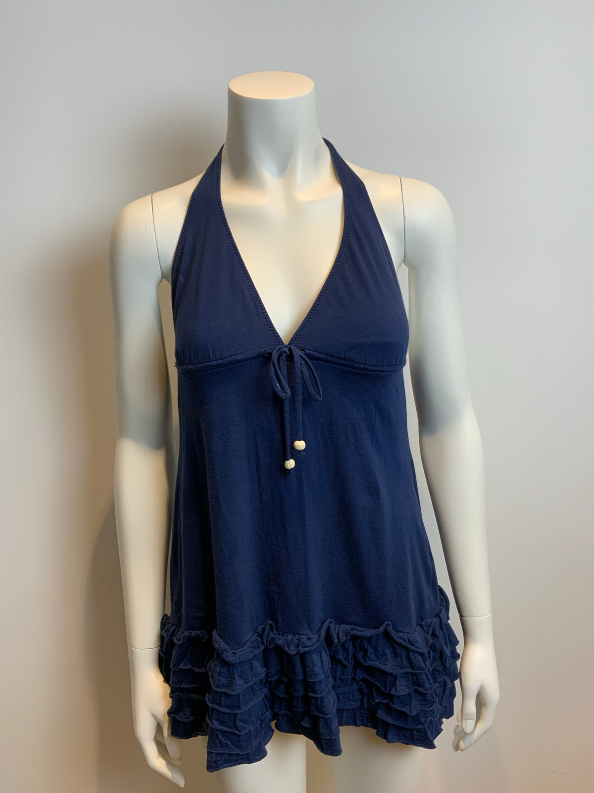Ralph Lauren Navy Blue Cotton Halter Top Ruffles Hem Dress Cover Up Size S Small ladies