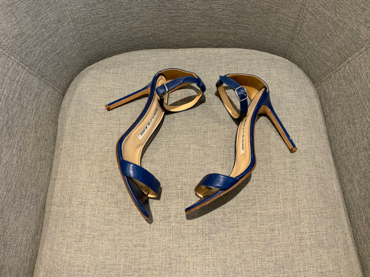 Manolo Blahnik Blue Leather Chaos 95mm Sandals SIZE 36 UK 3 US 6 ladies