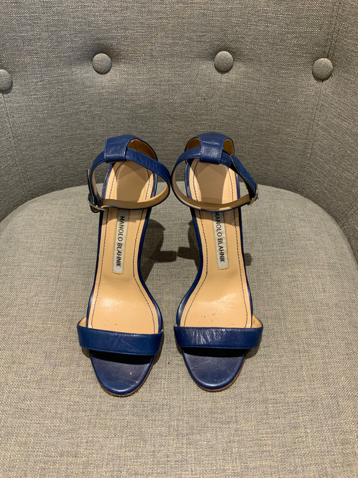 Manolo Blahnik Blue Leather Chaos 95mm Sandals SIZE 36 UK 3 US 6 ladies