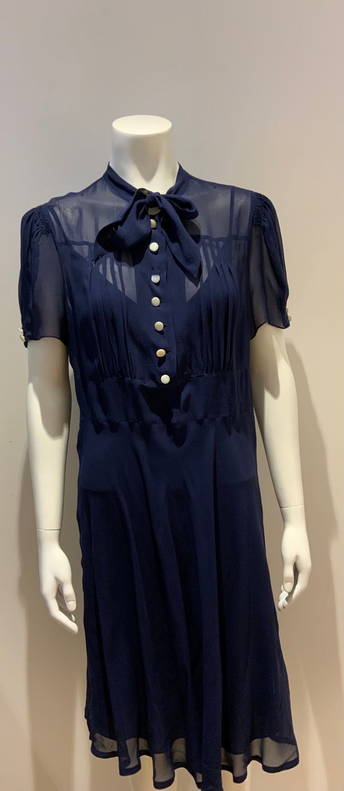 Ralph Lauren Silk Midi Navy Pussy Bow Dress Size US 14 UK 16-18 ladies