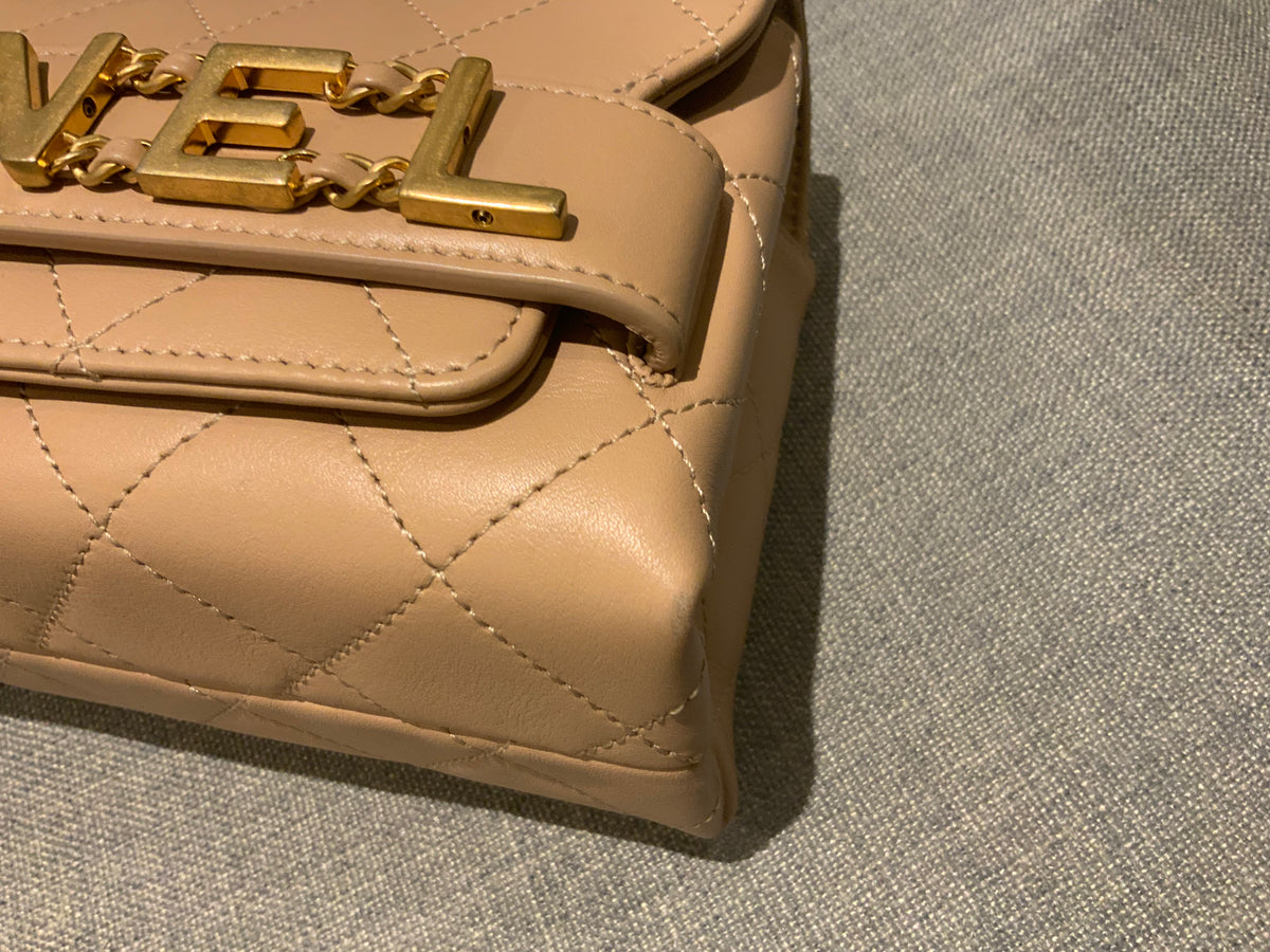 Chanel SOLD OUT Logo Calfskin Quilted Small Enchained Flap Beige Bag Handbag ladies