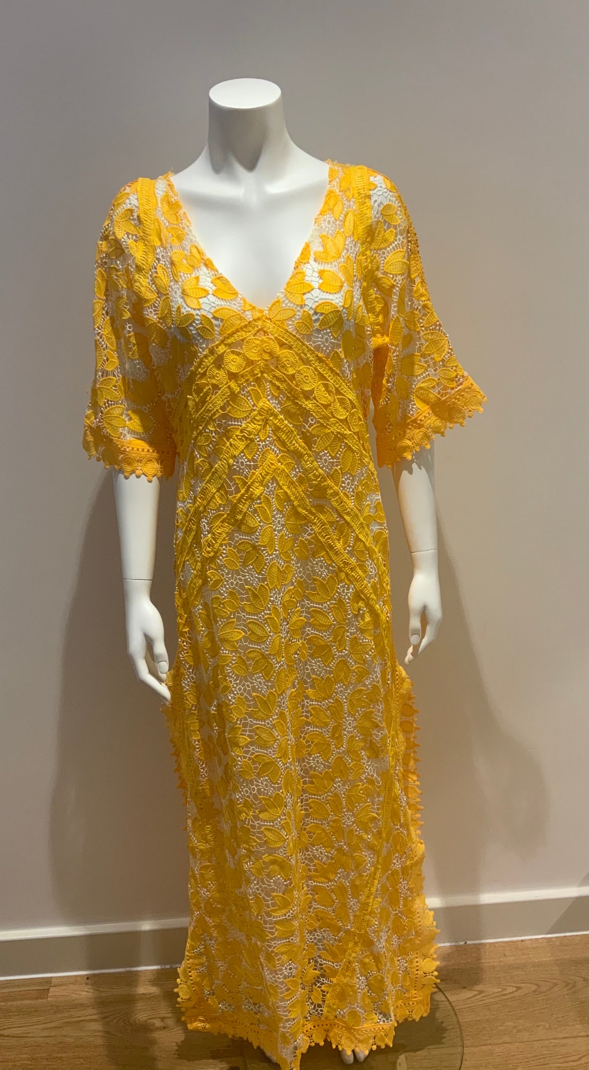 OSHOPLIVE lace yellow Bohemian dress kaftan Size S small ladies