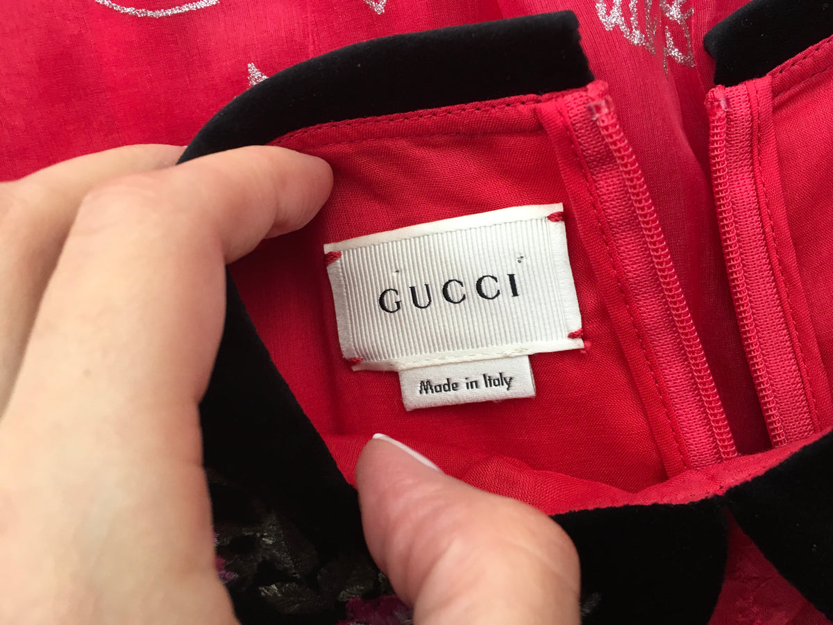 GUCCI 2017/2018 GIRLS EMBROIDED RED BLIND FOR LOVE SILK DRESS CHILDREN
