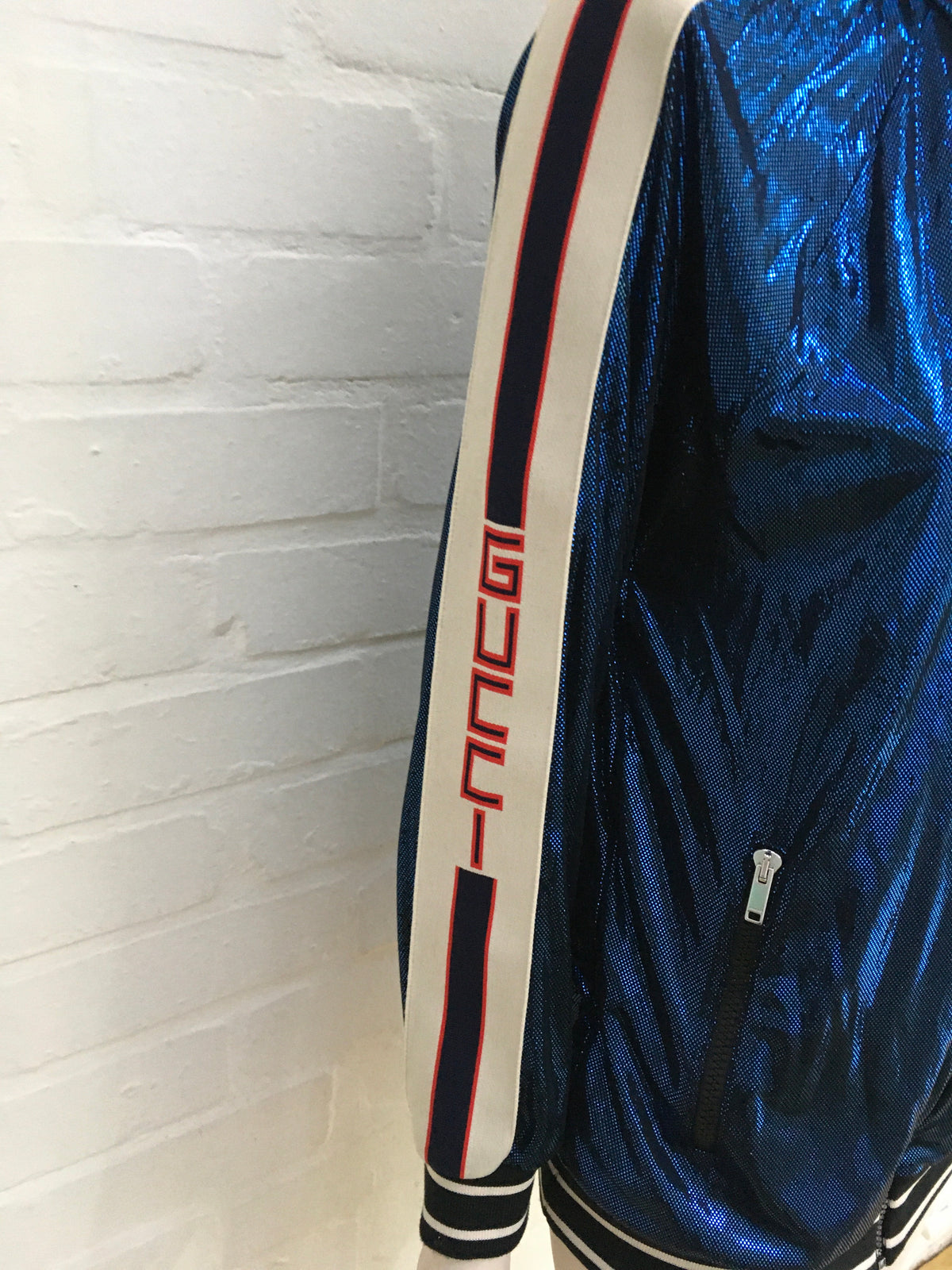 GUCCI 2019 Metallic Blue Lamé Logo Track Jacket Ladies