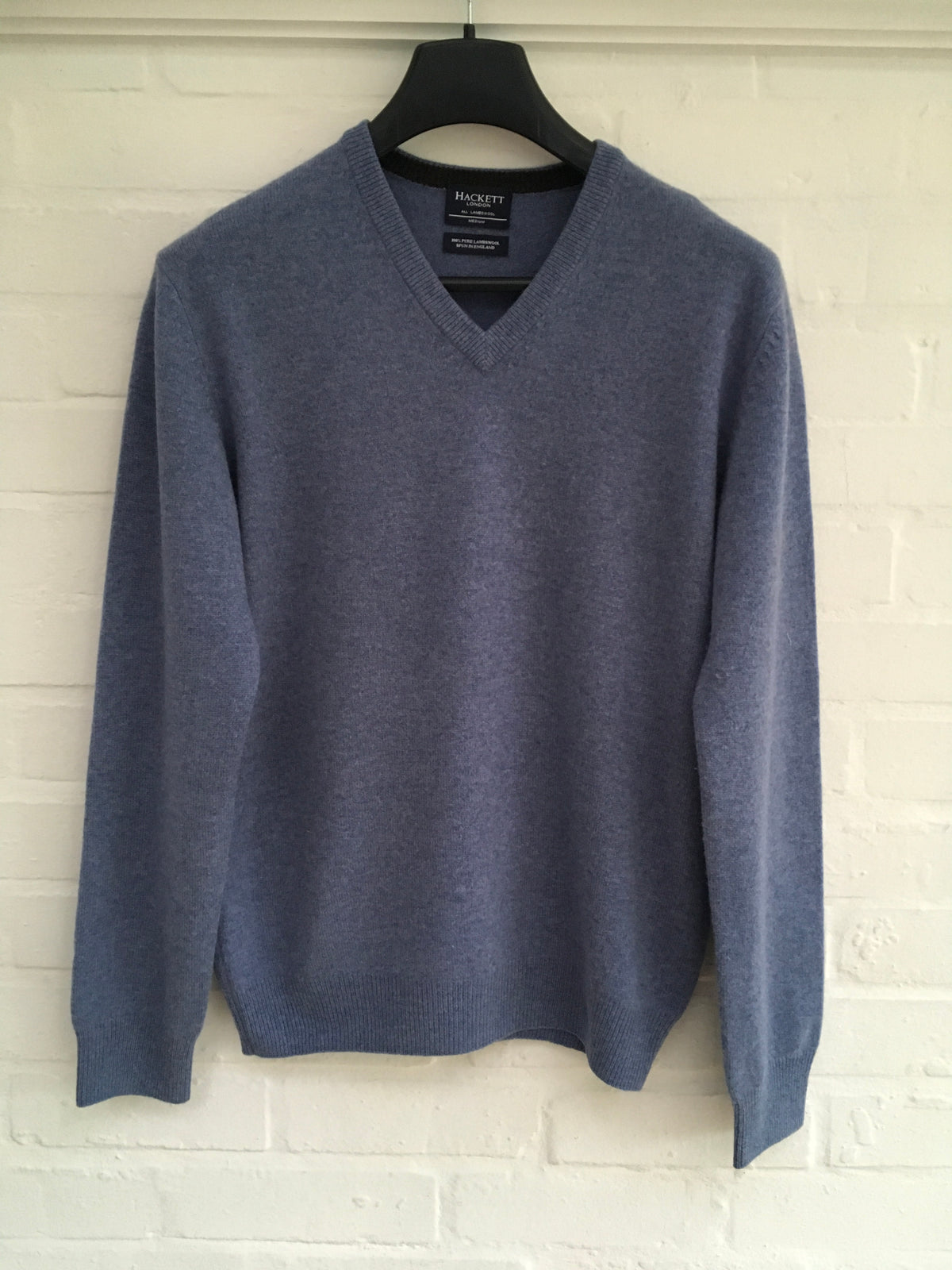 HACKETT LONDON LAMBS WOOL KNIT V NECK BLUE SWEATER JUMPER  Men