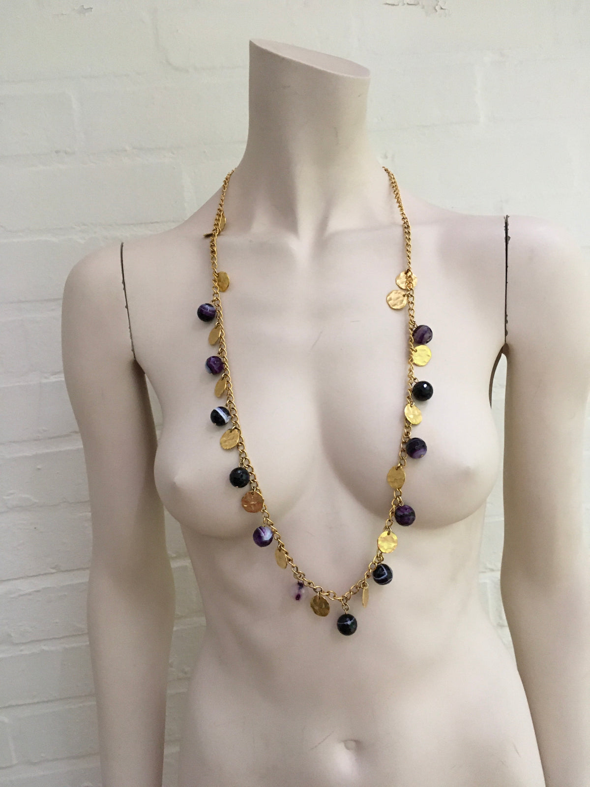 Kenneth Jay Lane 22kt Gold-Washed Hammered Coin Resin Amethyst Chain Necklace ladies