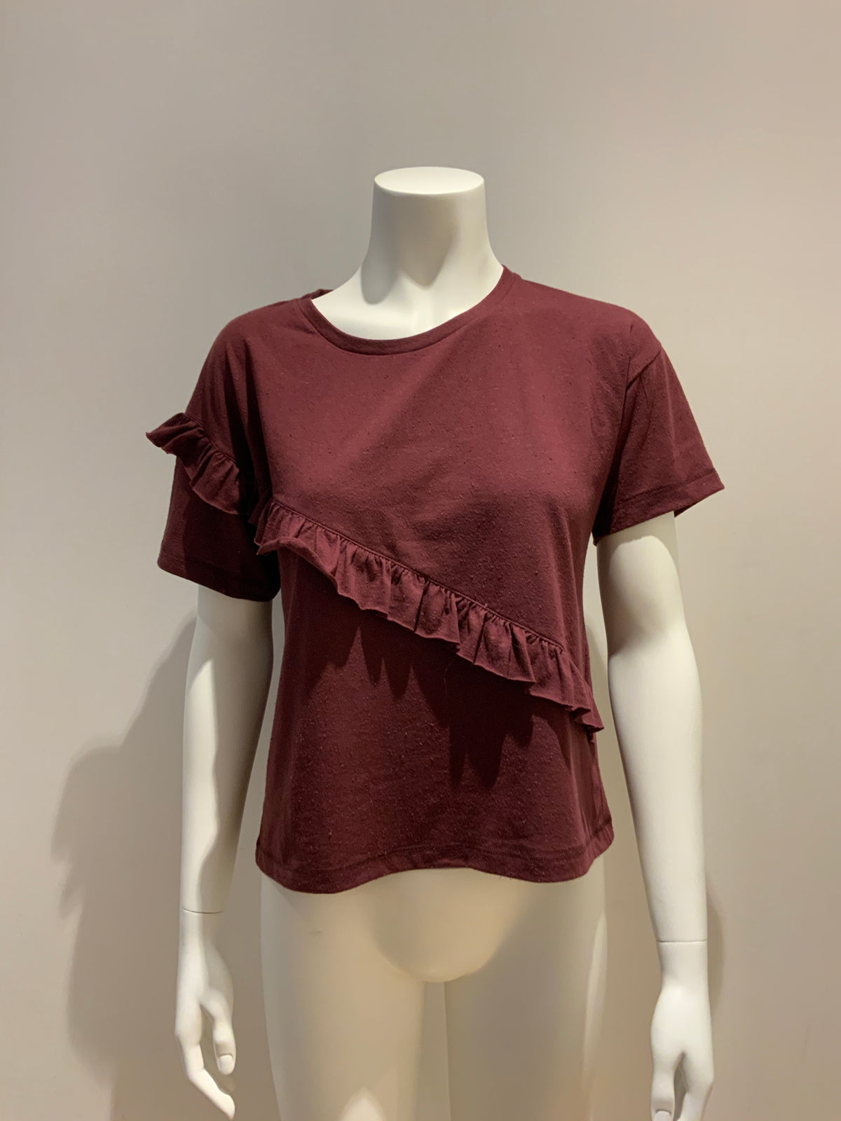 Amazing MIXED Brazil burgundy ruffle trim top T shirt Size P XS ladies