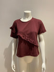 Amazing MIXED Brazil burgundy ruffle trim top T shirt Size P XS ladies