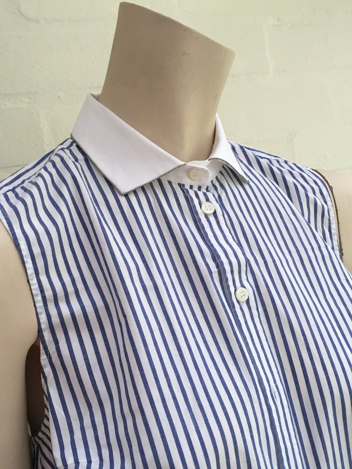 Brunello Cucinelli A-Line Striped Poplin Shirt Sleeveless White/blue Monili Trim ladies