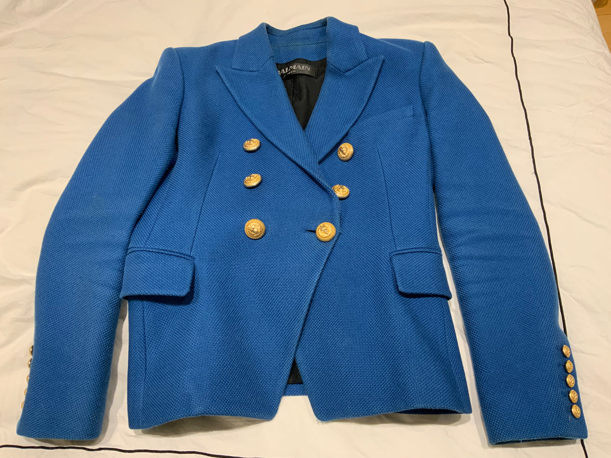 Balmain double breasted tweed blue blazer jacket F 42 UK 14 US10 ladies