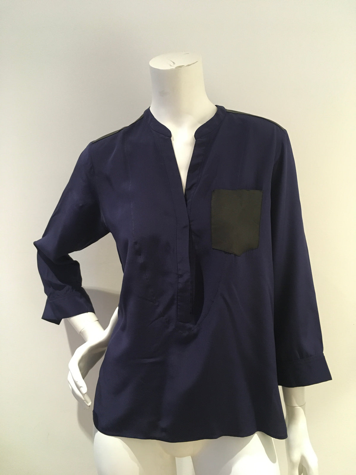 SANDRO Paris Navy Blue Eureka Leather Pocket Silk Blouse Size 1 S Small ladies