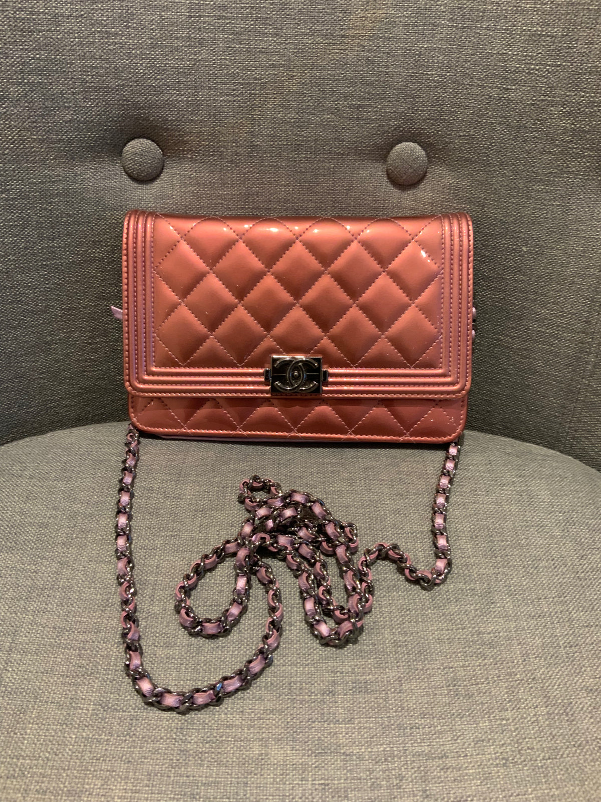 CHANEL Metallic Pink Quilted Patent Leather Boy Flap Bag WOC Wallet on Chain ladies