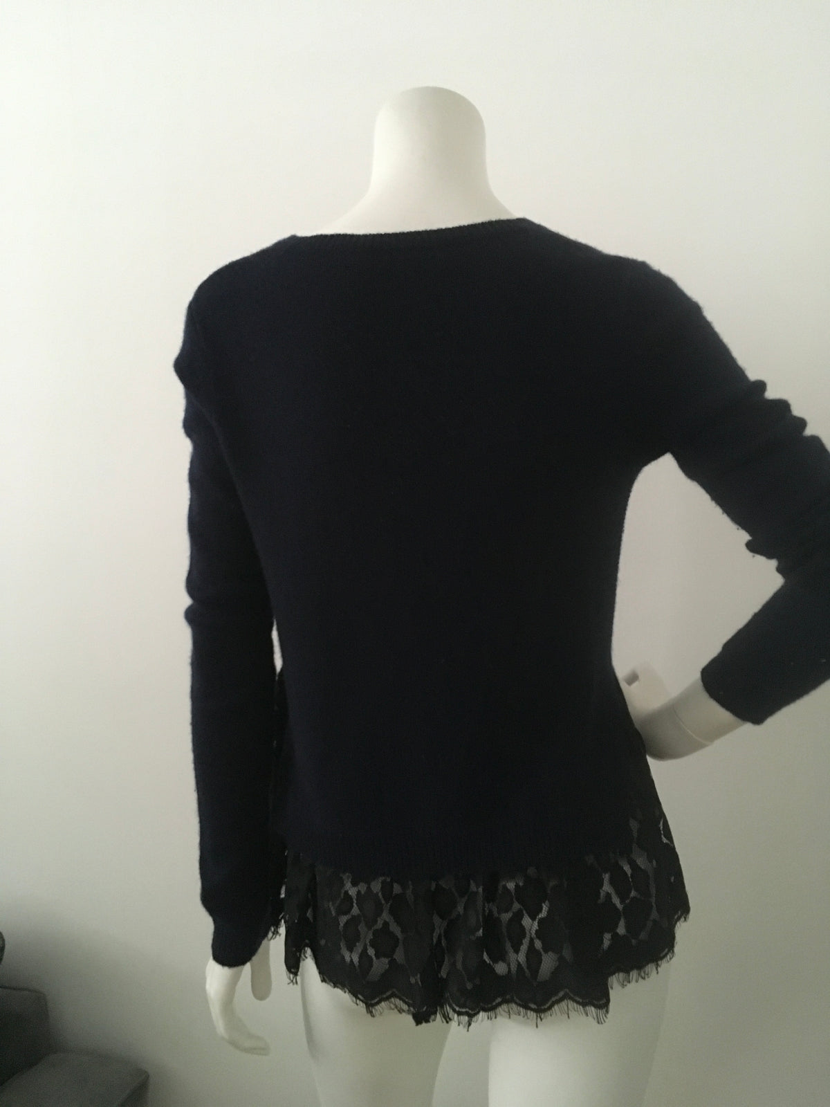 Autumn Cashmere Lace-Trim Cashmere Sweater Navy Crewneck Pullover Size Small