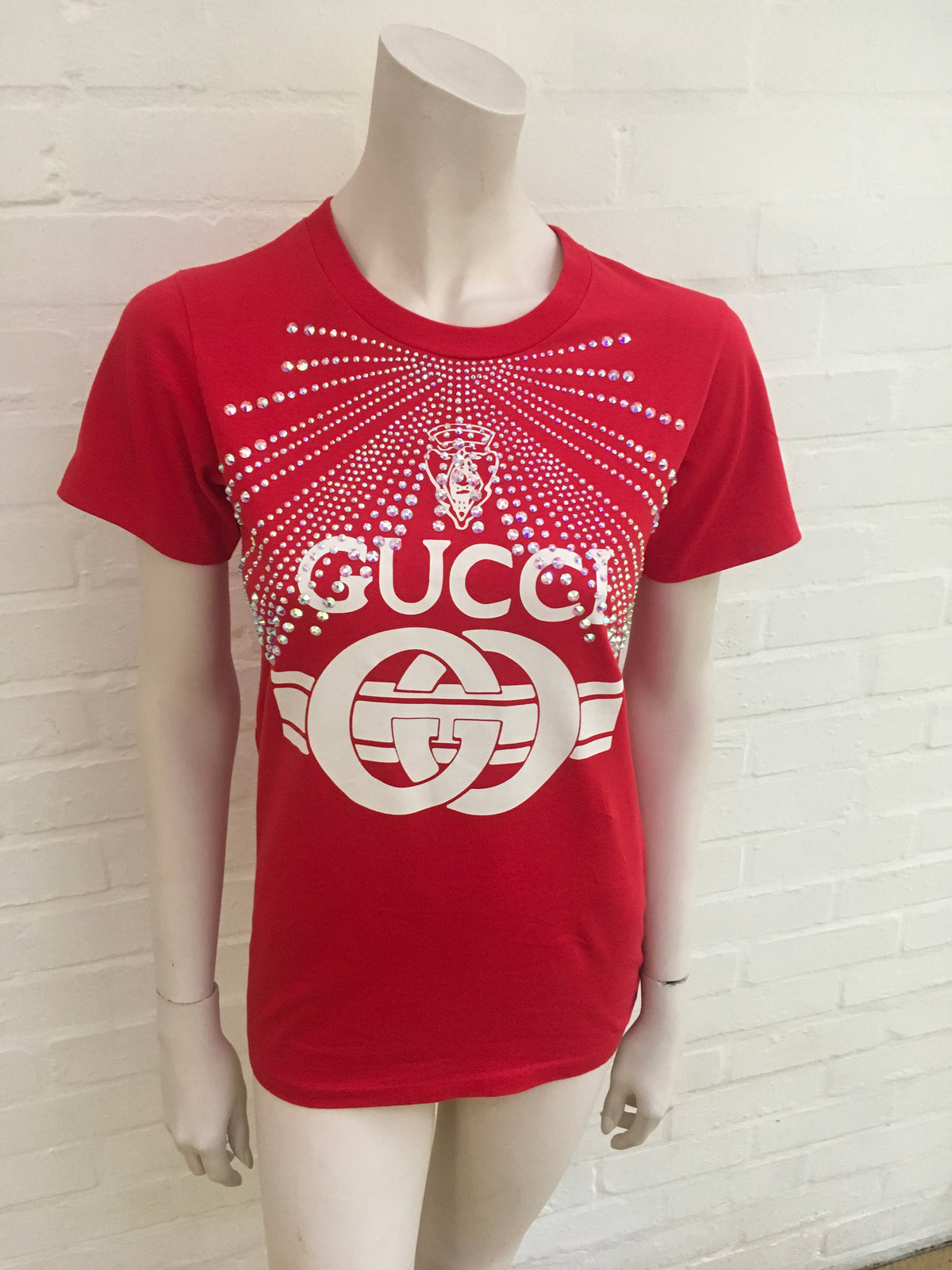 Gucci Red Swarovski Crystal-Embellished Printed T-Shirt Ladies
