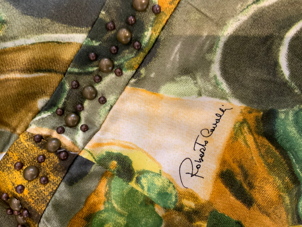 ROBERTO CAVALLI silk abstract printed studded 2005 top Size I 38 UK 6 US 2 XS ladies