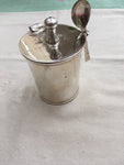 LOVELY ANTIQUE SILVER PLATED AND GLASS POT AND SPOON