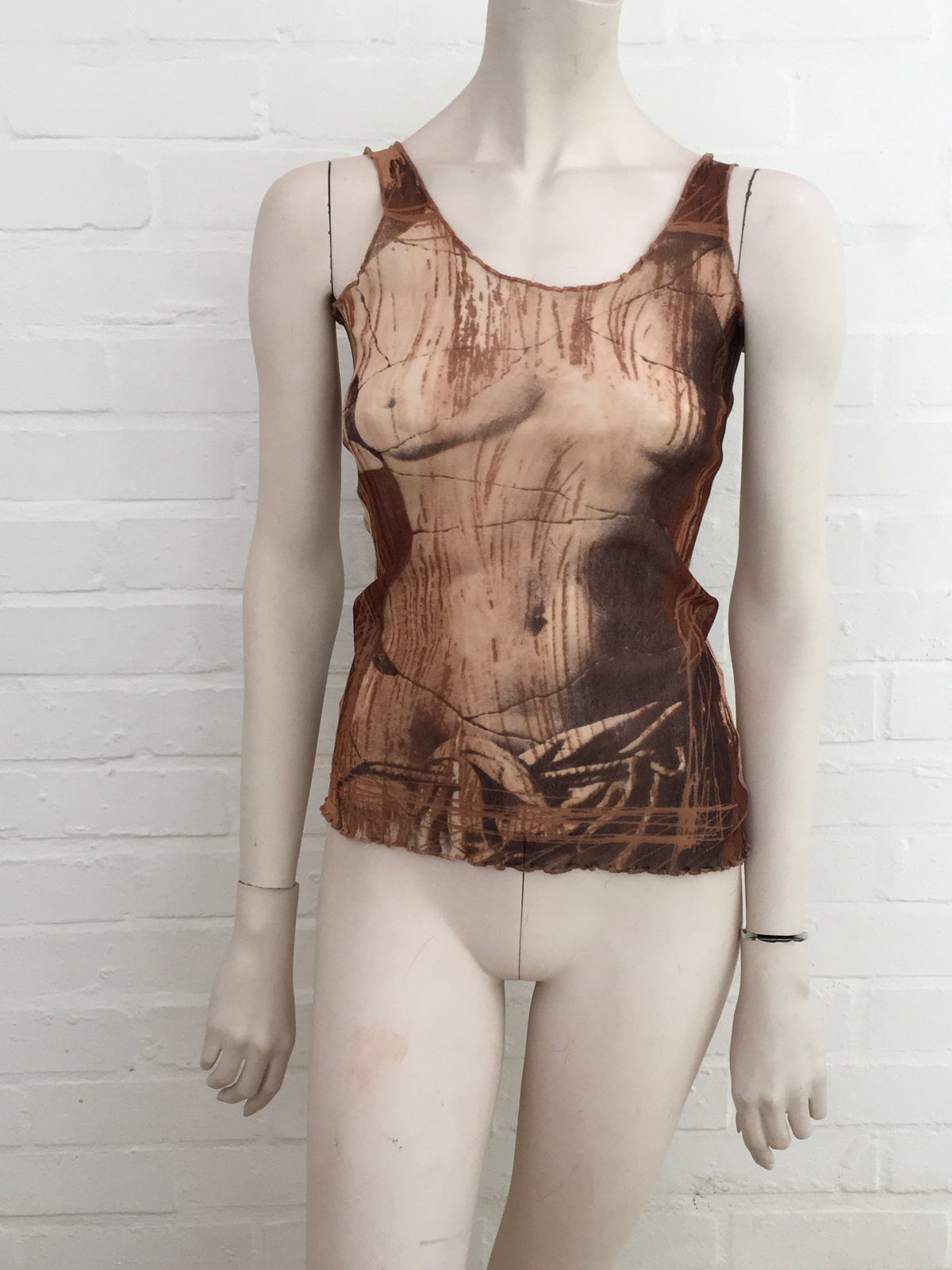 Jean Paul GAULTIER 1990's "Broken Status" Women's Body Sheer Tank Top Size L ladies