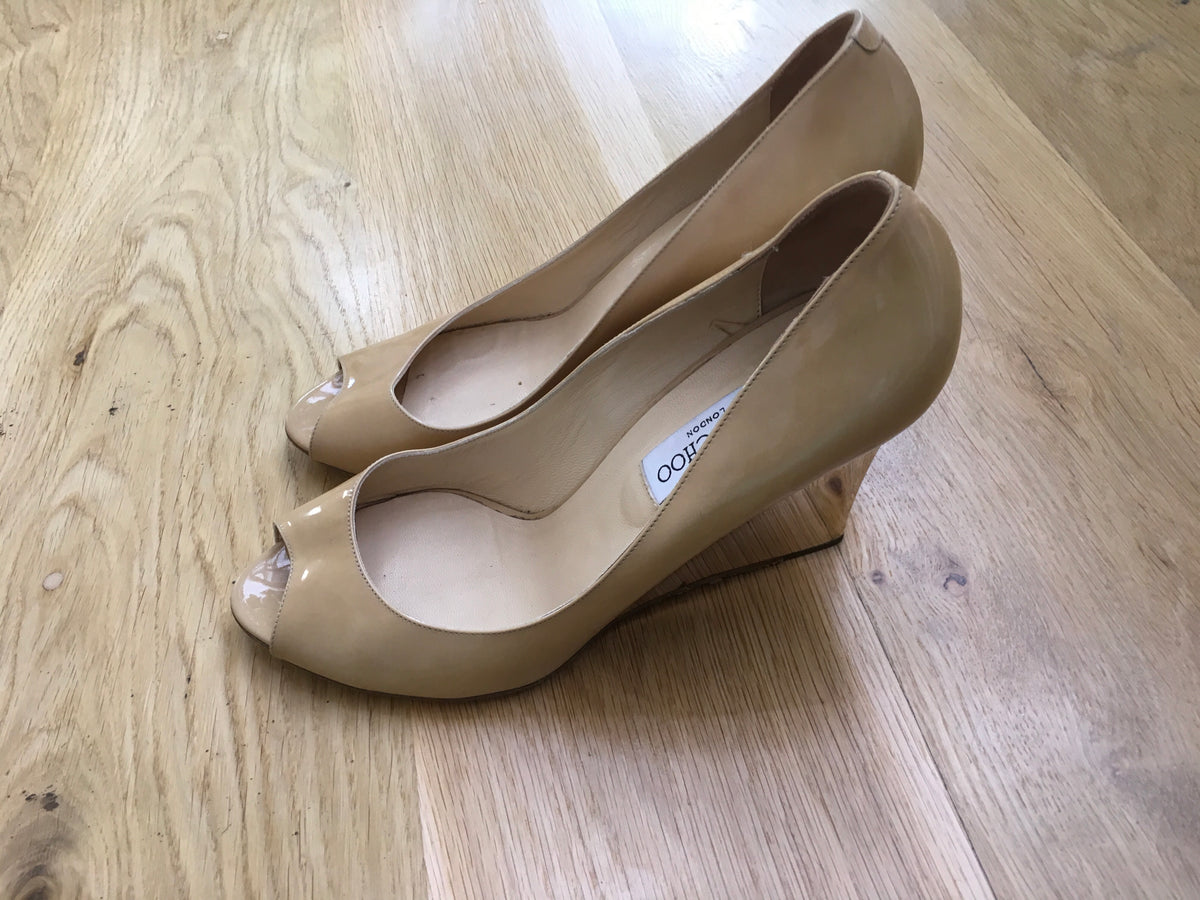 JIMMY CHOO Peep-Toe Patent Leather Wedges Shoes Ladies