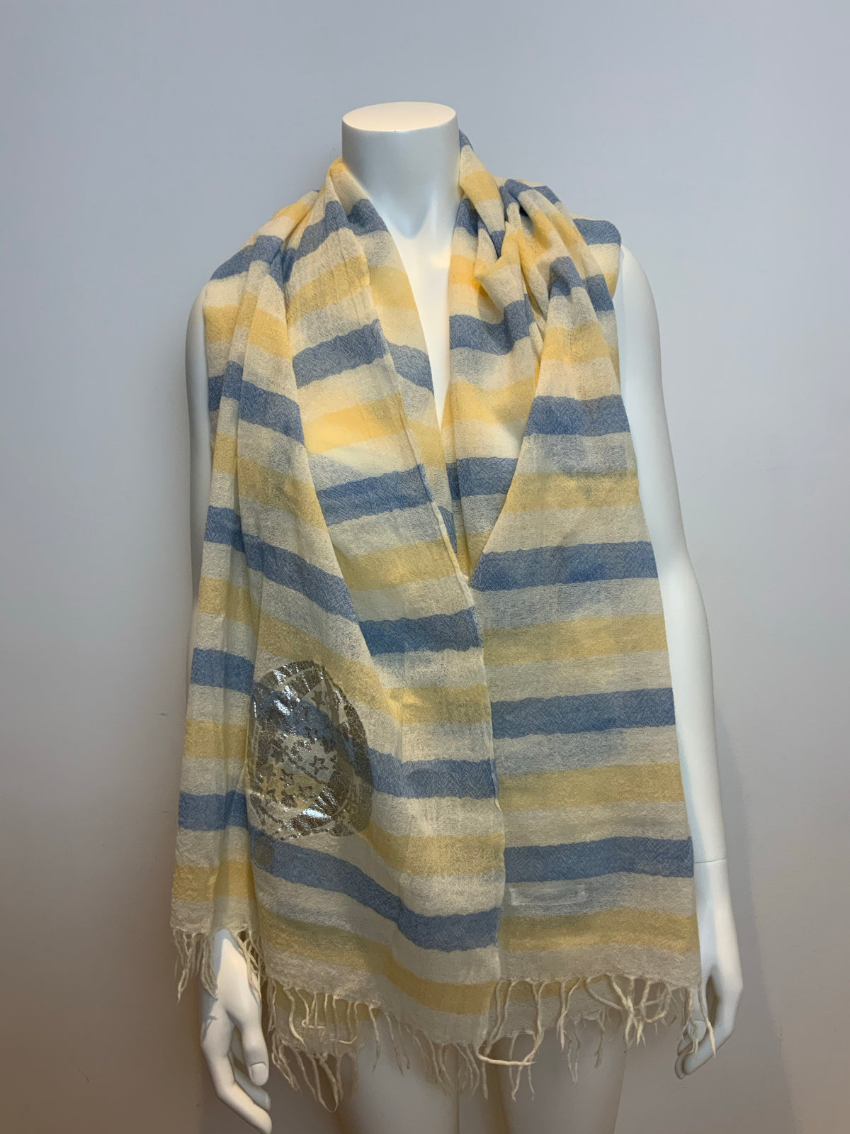 Tsumori Chisato Thin Knit Silver print scarf fringe trim scarf shawl AMAZING ladies
