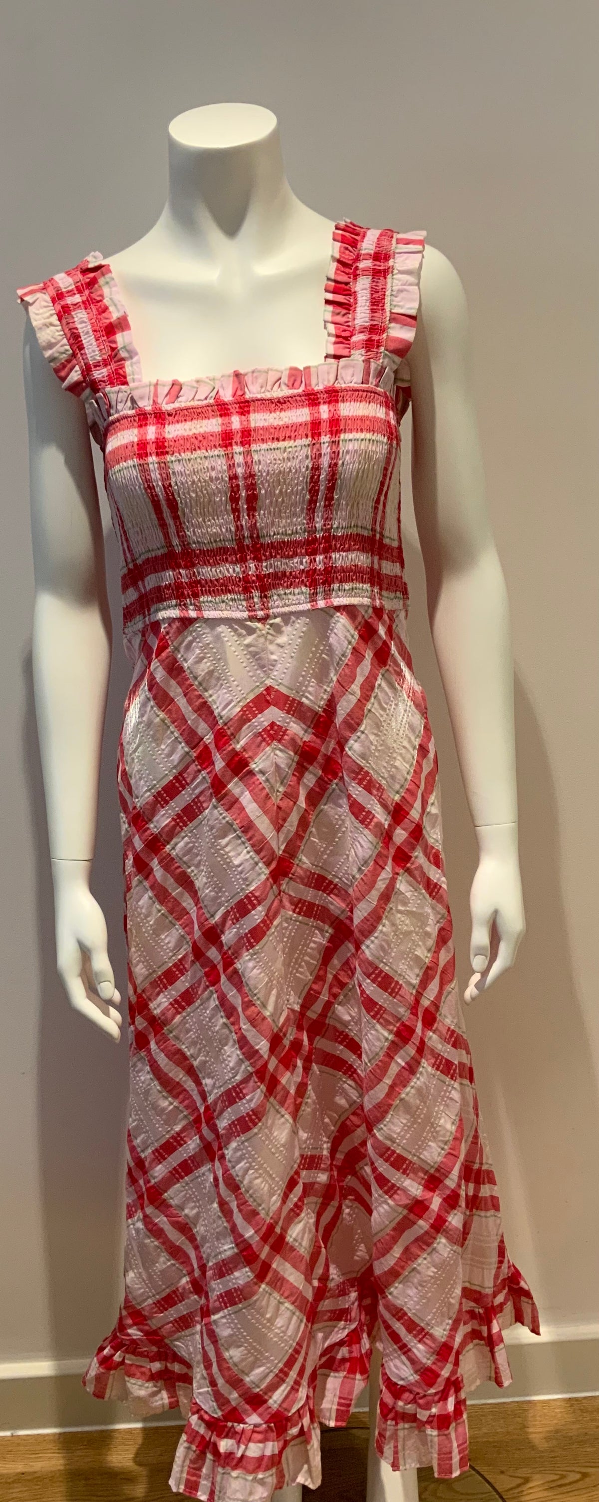 Ganni Runaway Checked Seersucker Midi Dress In Cherry Blossom 38 UK 10 US 6 dress