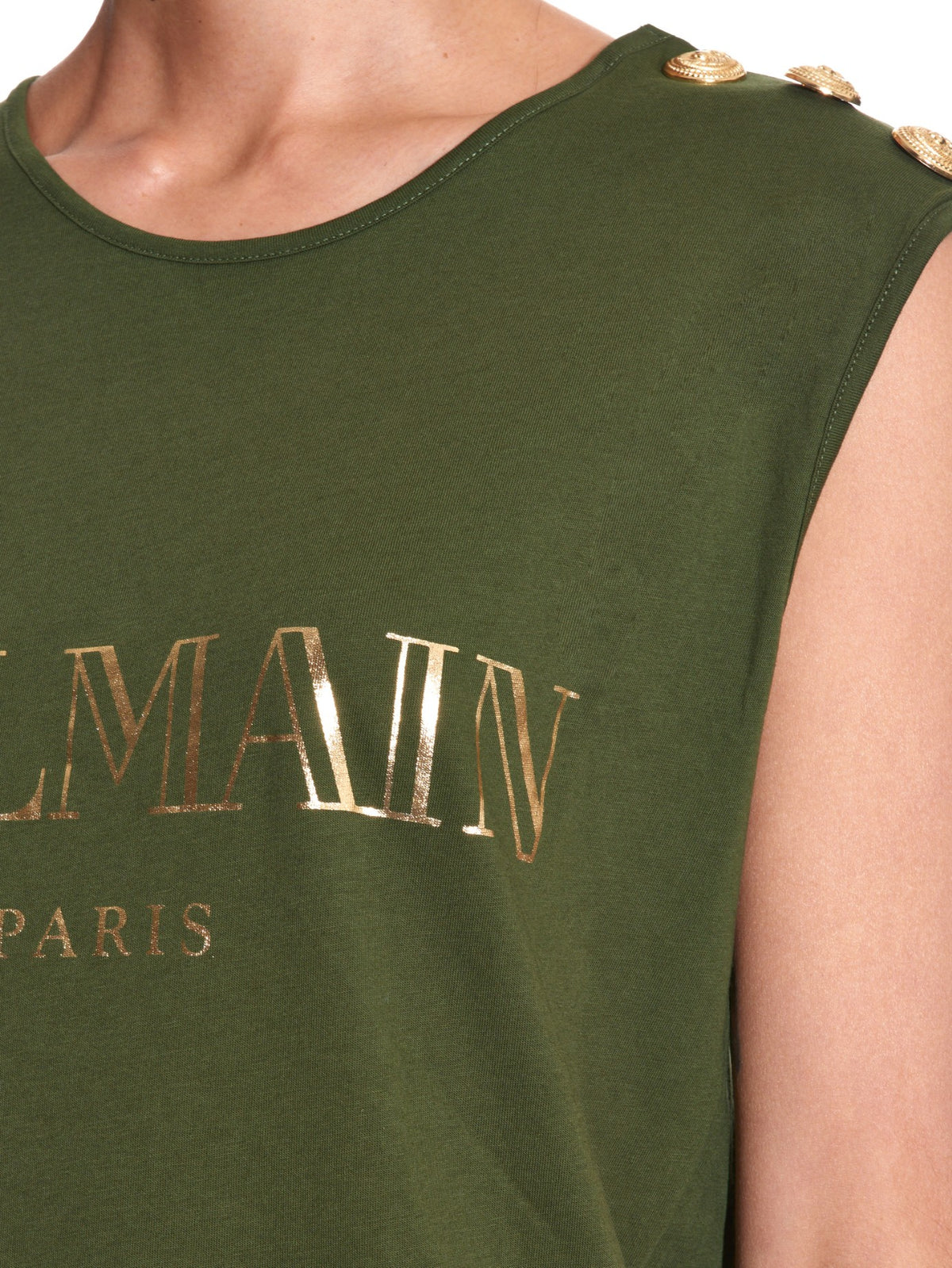 Balmain Logo Cotton green khaki sleeveless logo print cotton t-shirt Size F 40 L ladies