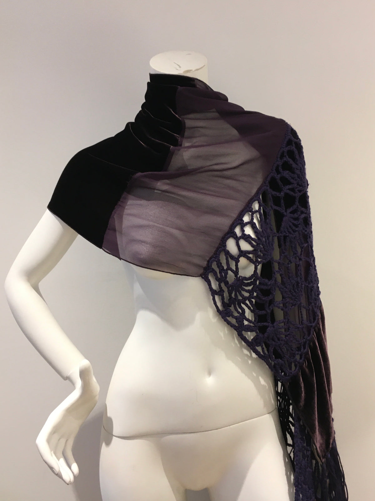 Giorgio Armani 1990's extra long velvet crochet and chiffon silk scarf shawl ladies