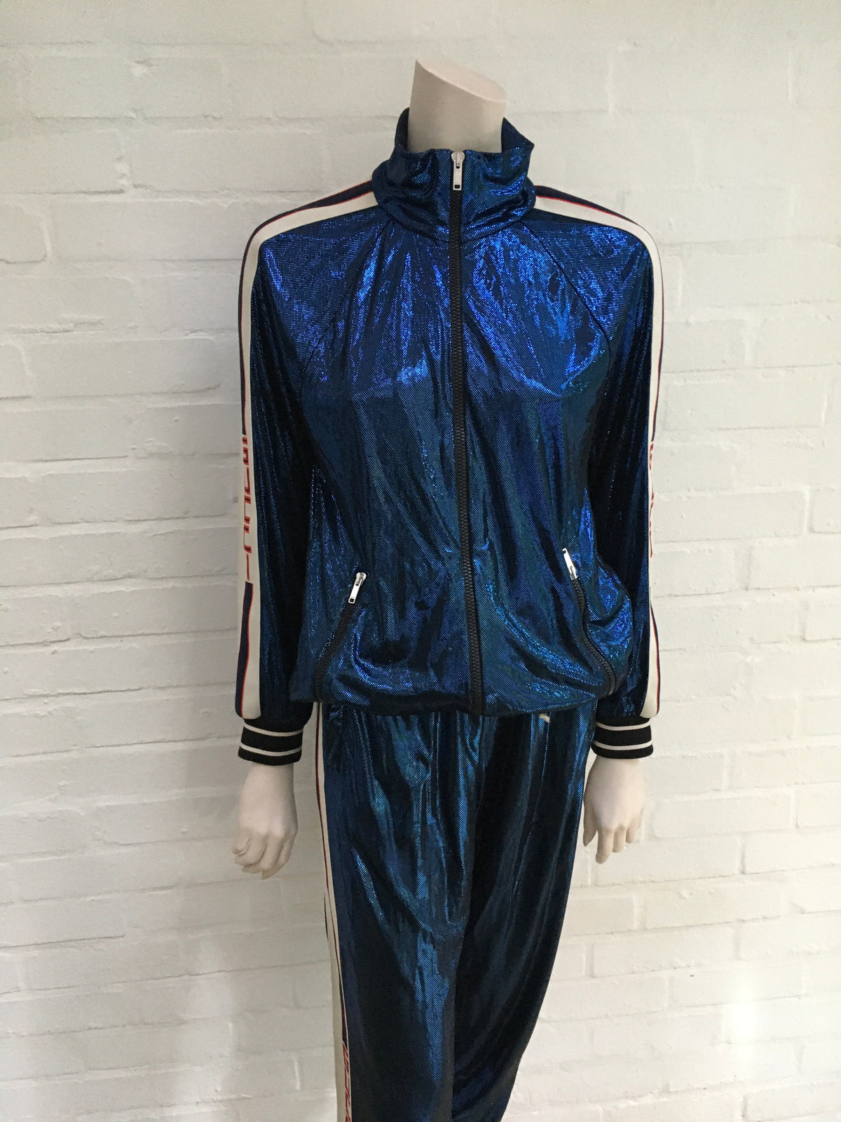 GUCCI 2019 Side-Stripe Metallic Lamé Jogging Bottoms in Blue Pants Trousers Ladies