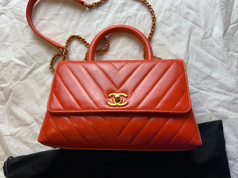 Chanel Chevron Coco Handle Shoulder Bag Beige Small