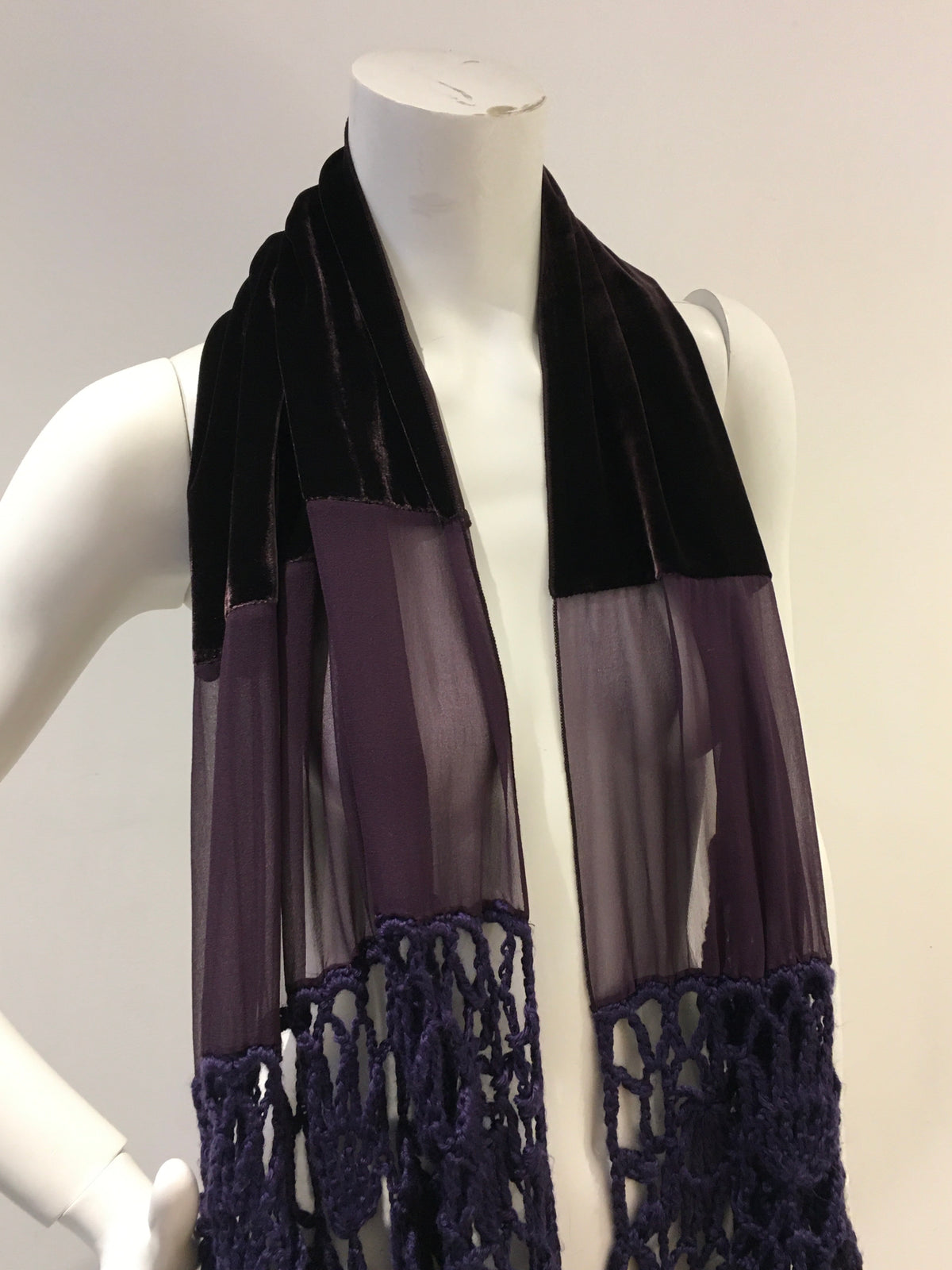 Giorgio Armani 1990's extra long velvet crochet and chiffon silk scarf shawl ladies