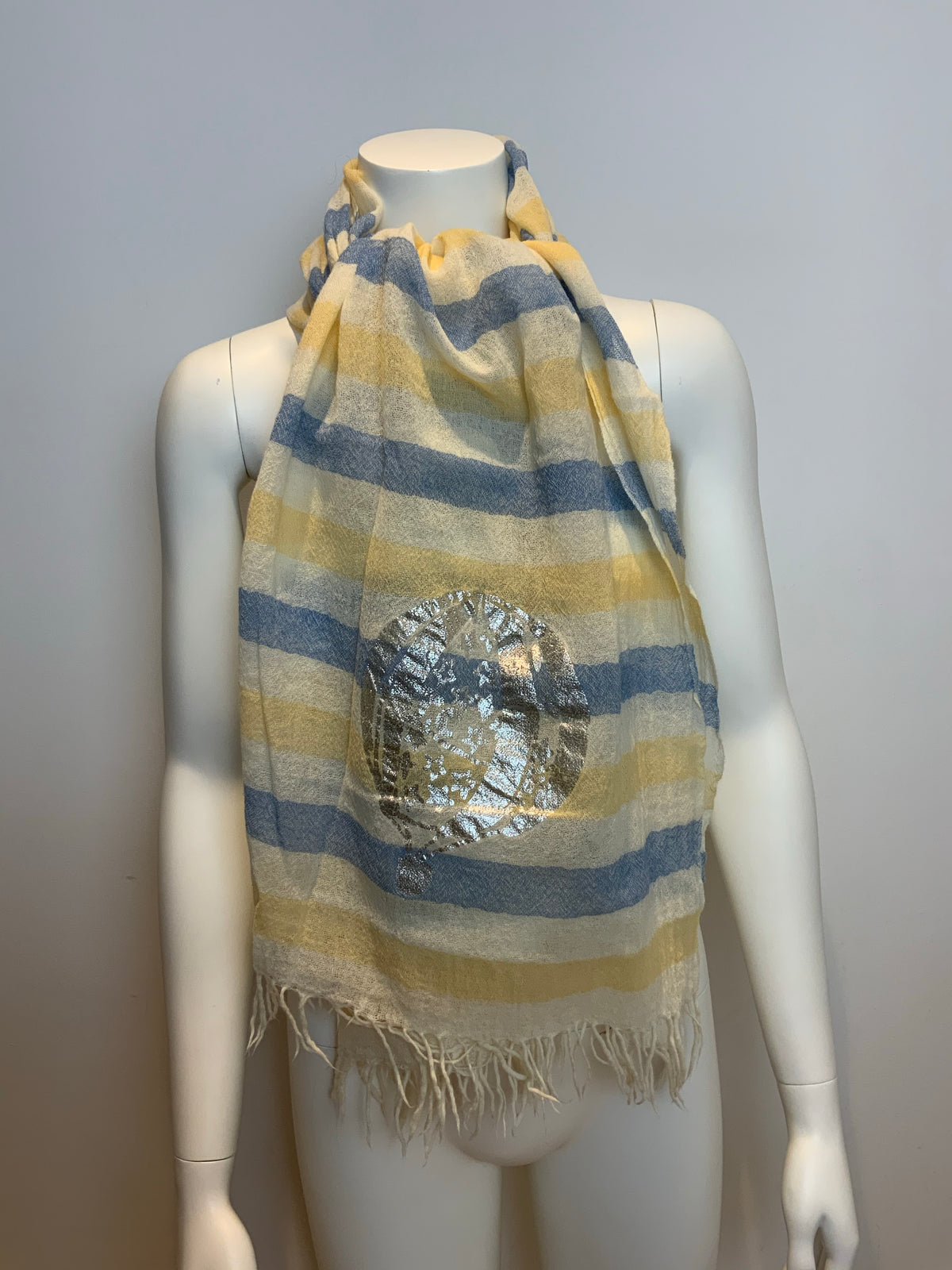 Tsumori Chisato Thin Knit Silver print scarf fringe trim scarf shawl AMAZING ladies