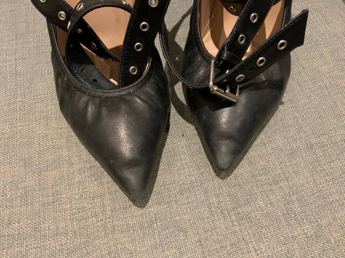 Valentino Women's Black Leather Eyelet Trim Slingback Shoes Size 39 UK 6 US 9 ladies