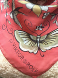 Viktor & Rolf Coral Silk Chiffon 'Butterfly & Birds' Scarf 27" x 27 "  LADIES
