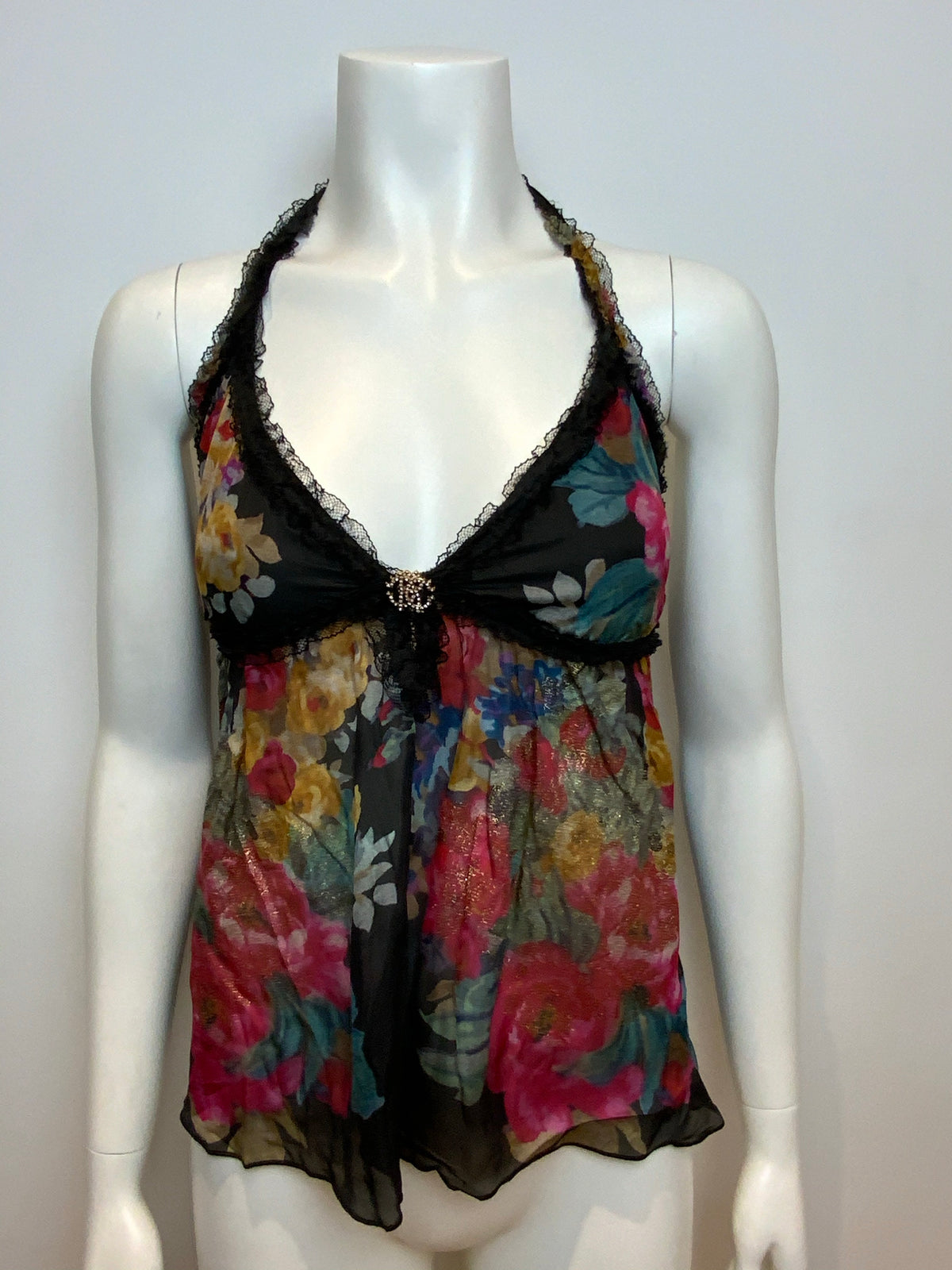 ROBERTO CAVALLI Floral Printed silk-chiffon embellish top Size I 42 UK 10 US 6 ladies