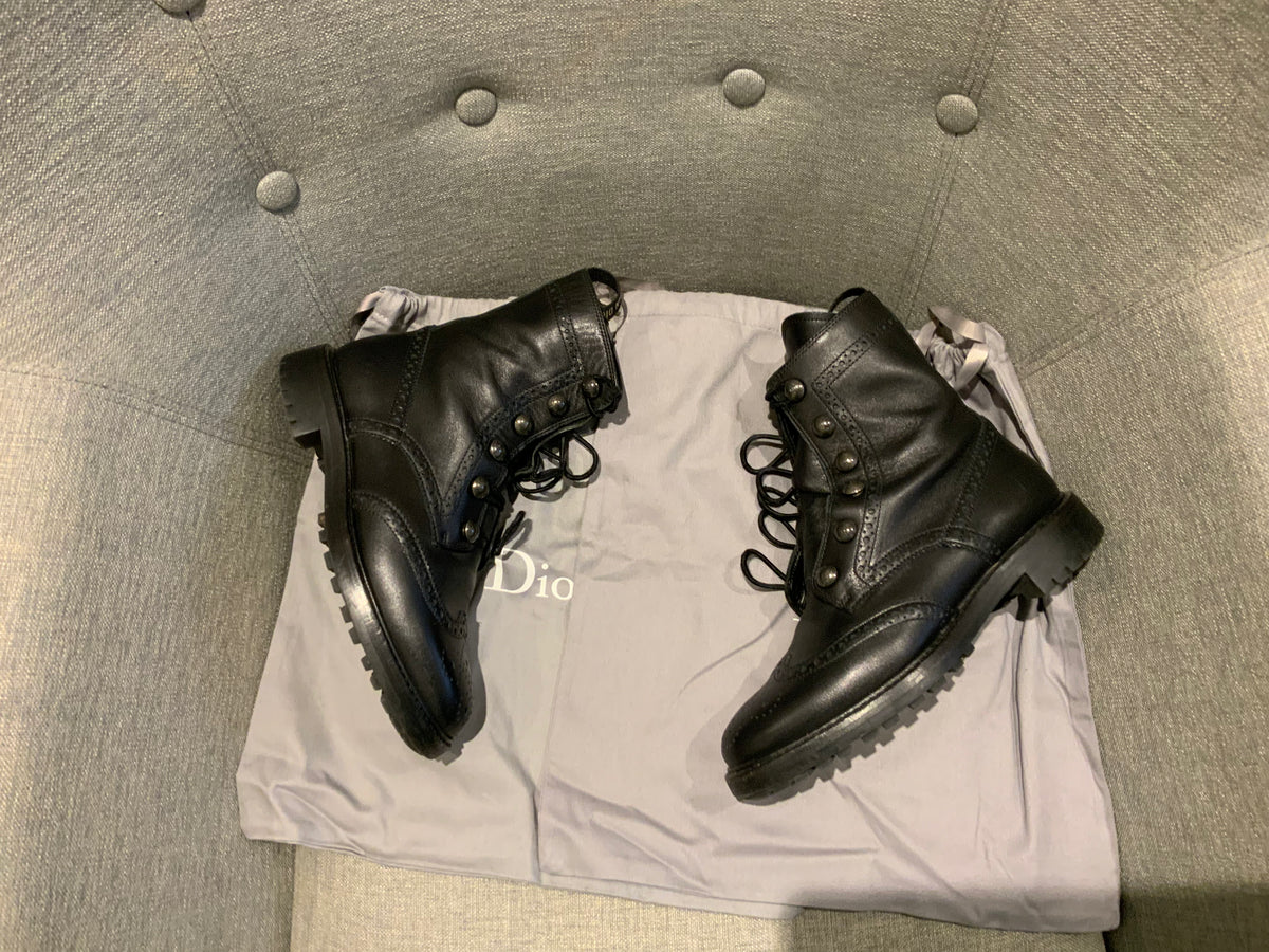 Christian Dior Leather Mid-Calf Combat BOOTS Leather BLACK Size 35 US 2 UK 2 ladies