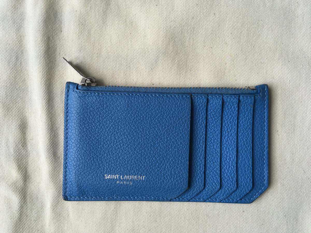 Saint Laurent YSL Women's Blue Leather Zippered Fragments Card Holder Ladies