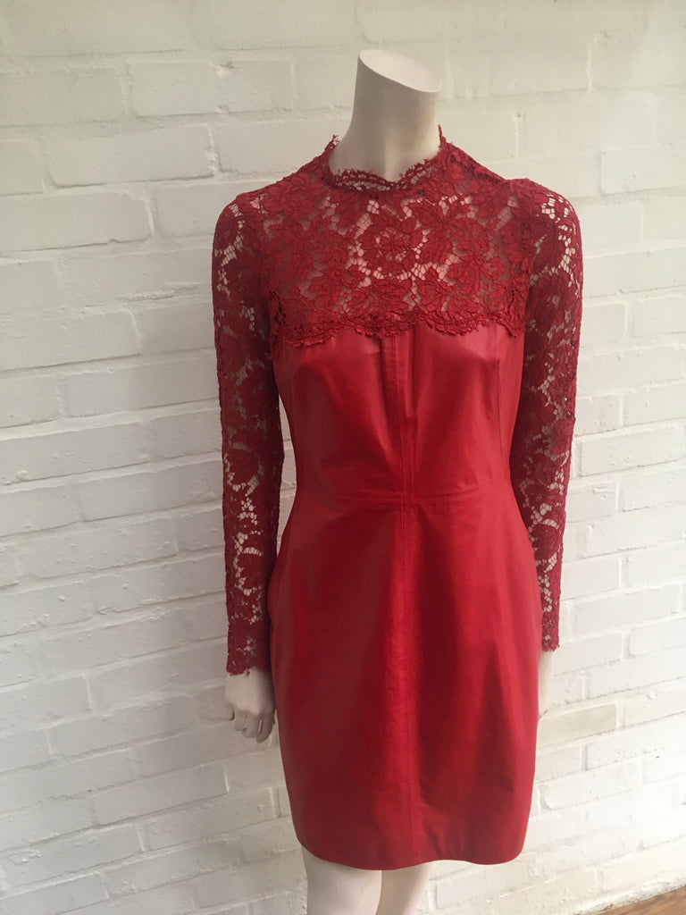 Valentino Lace-Yoke Leather Dress Rosso Red Ladies Valentino Lace-Yoke Leather Dress Rosso Red Ladies