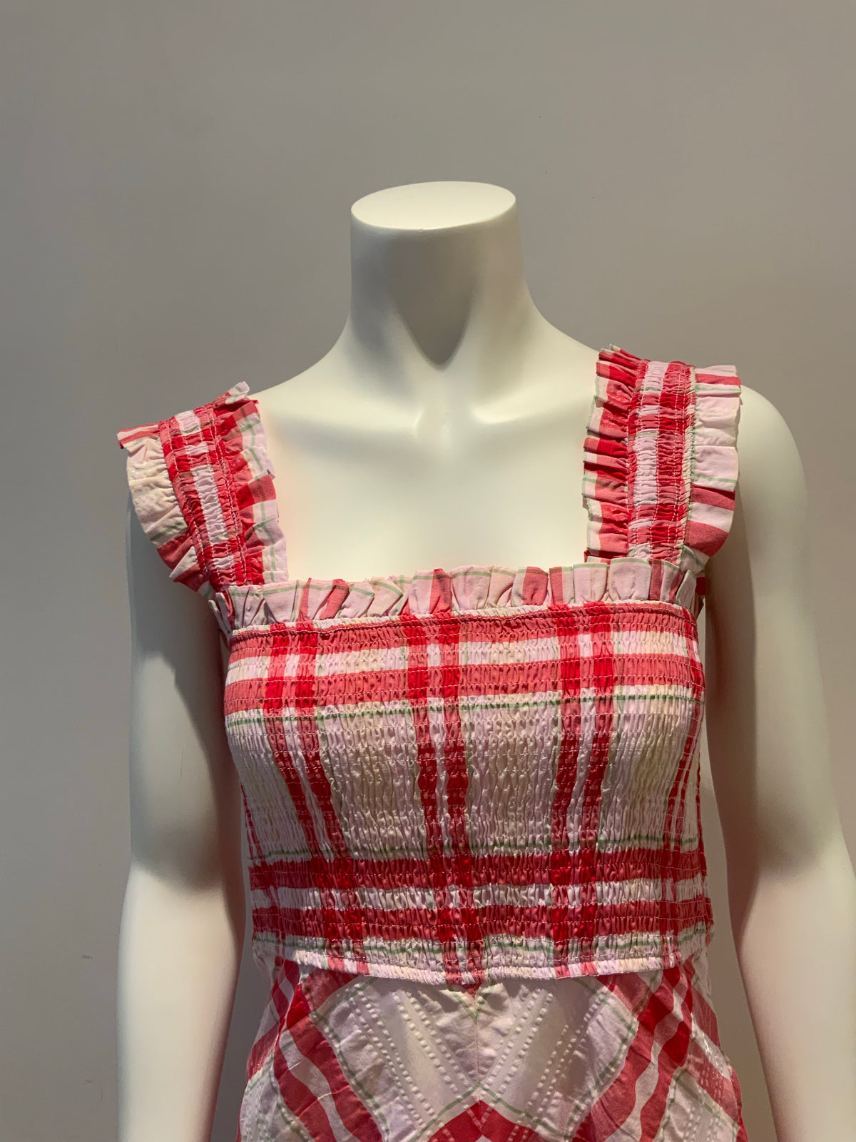Ganni Runaway Checked Seersucker Midi Dress In Cherry Blossom 38 UK 10 US 6 dress