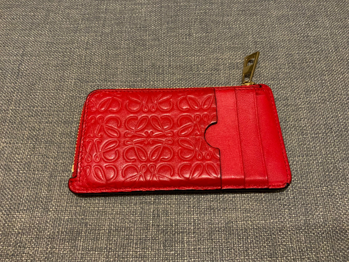 LOEWE Calfskin Embossed Repeat Coin Card Holder in Red Leather ladies