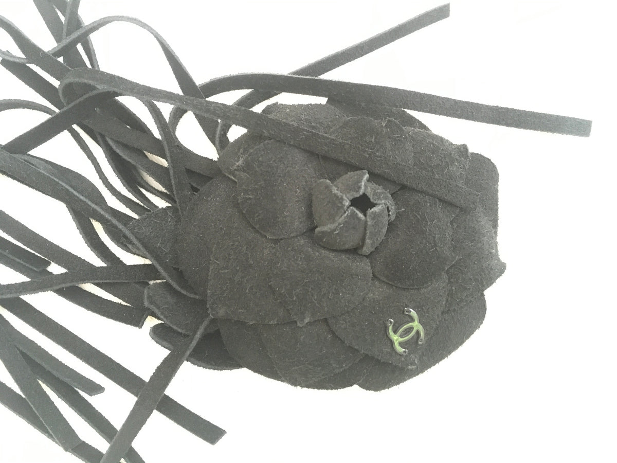 CHANEL CAMELLIA BLACK SUEDE LEATHER FLOWER FRINGE BROOCH PIN 2014 ladies