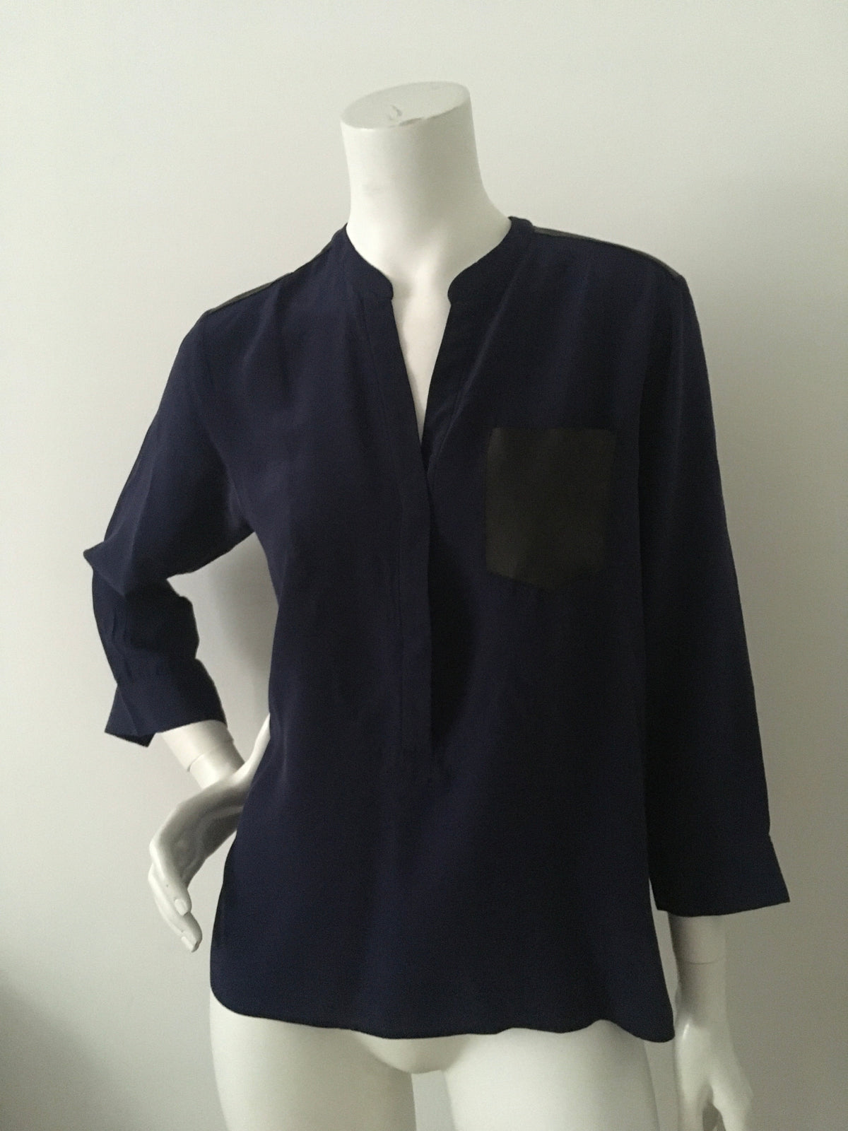 SANDRO Paris Navy Blue Eureka Leather Pocket Silk Blouse Size 1 S Small ladies