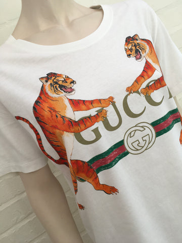 Gucci Tigers Roaring Vintage Look Logo White T-Shirt Size XXS