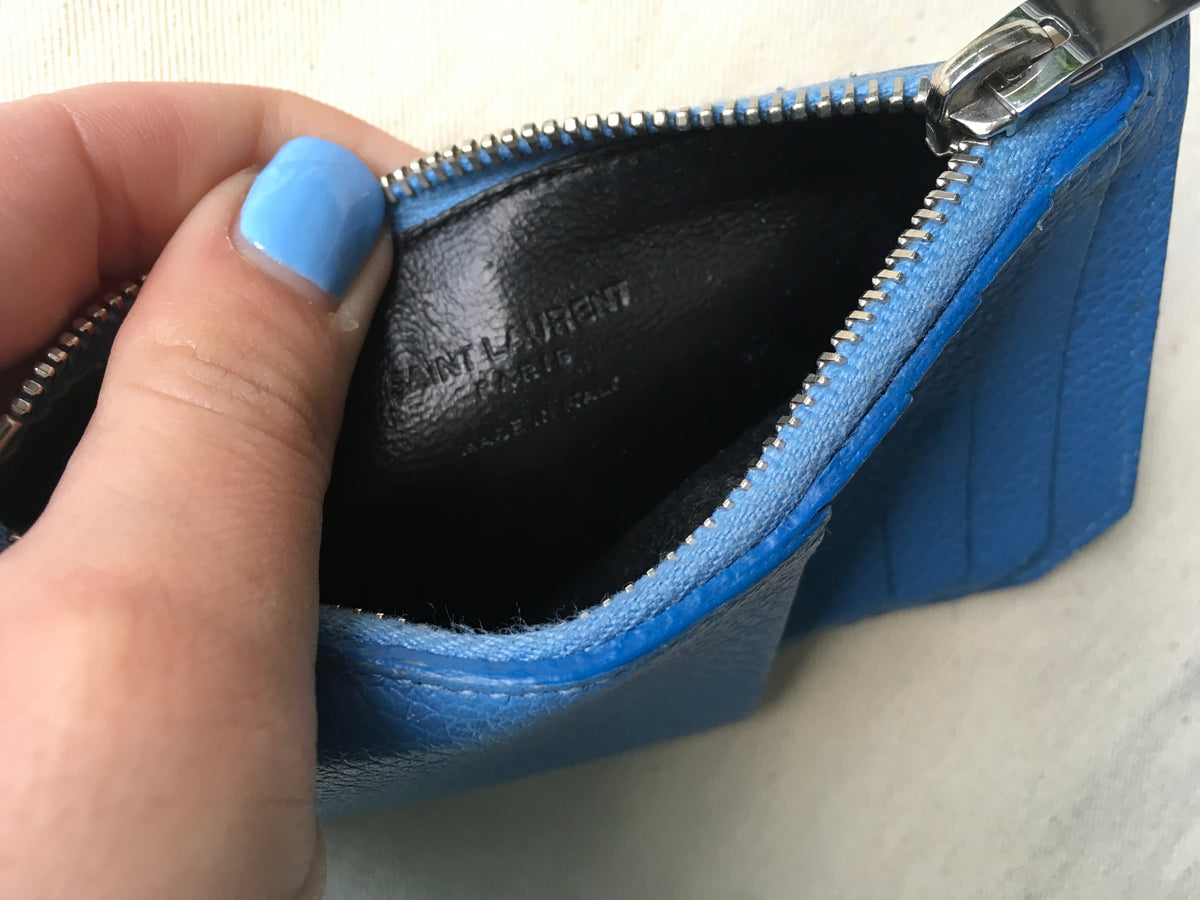 Saint Laurent YSL Women's Blue Leather Zippered Fragments Card Holder Ladies
