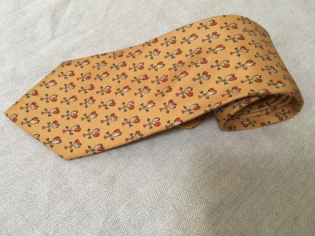 SALVATORE FERRAGAMO COCK PRINTED YELLOW SILK TIE MEN men
