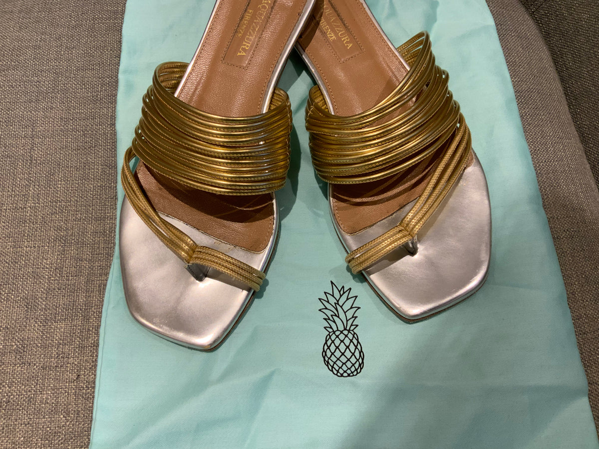 Aquazzura Gold Leather Flat Slippers Sandals Size 35 US 2 UK 5 ladies