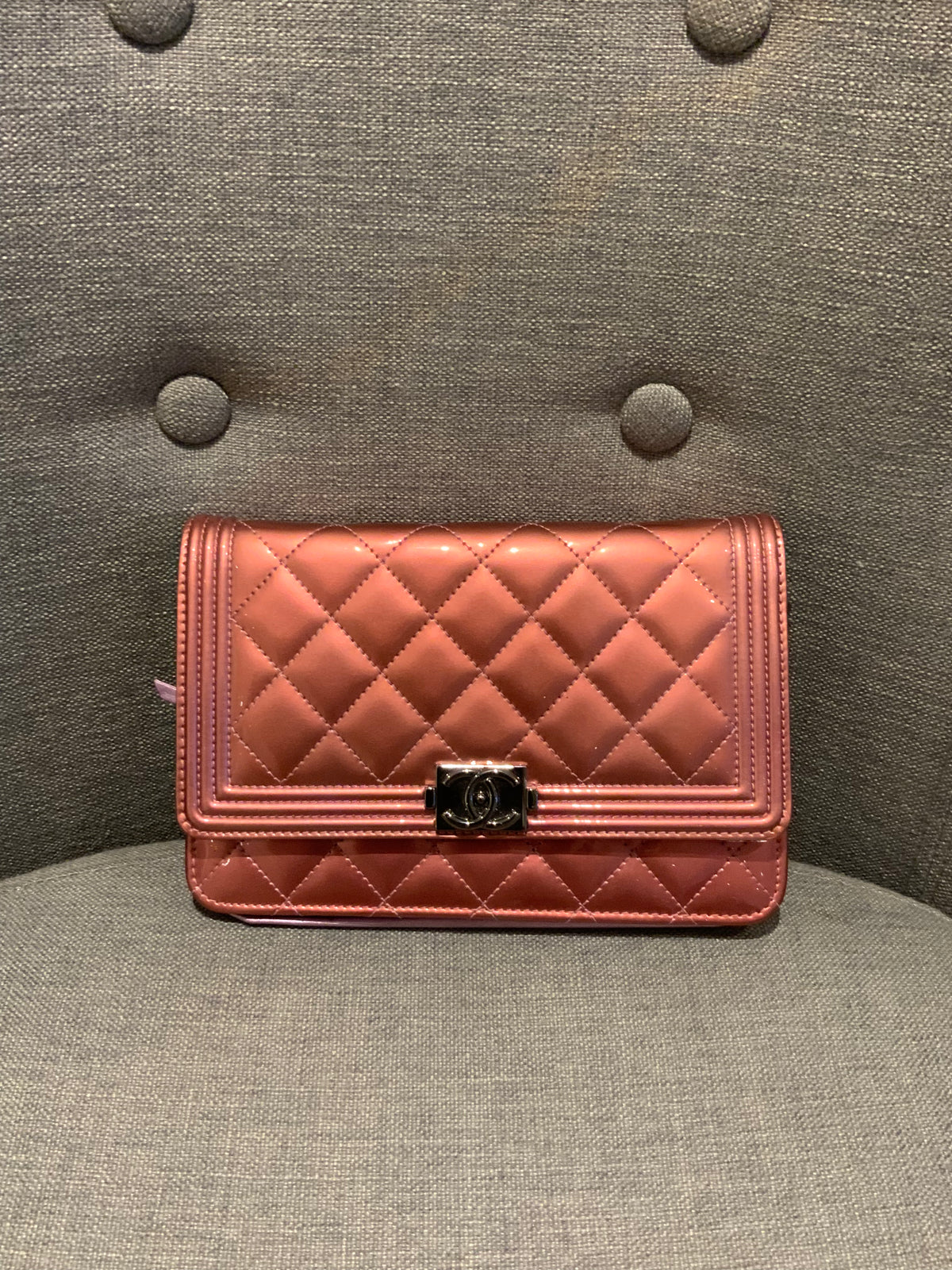 CHANEL Metallic Pink Quilted Patent Leather Boy Flap Bag WOC Wallet on Chain ladies