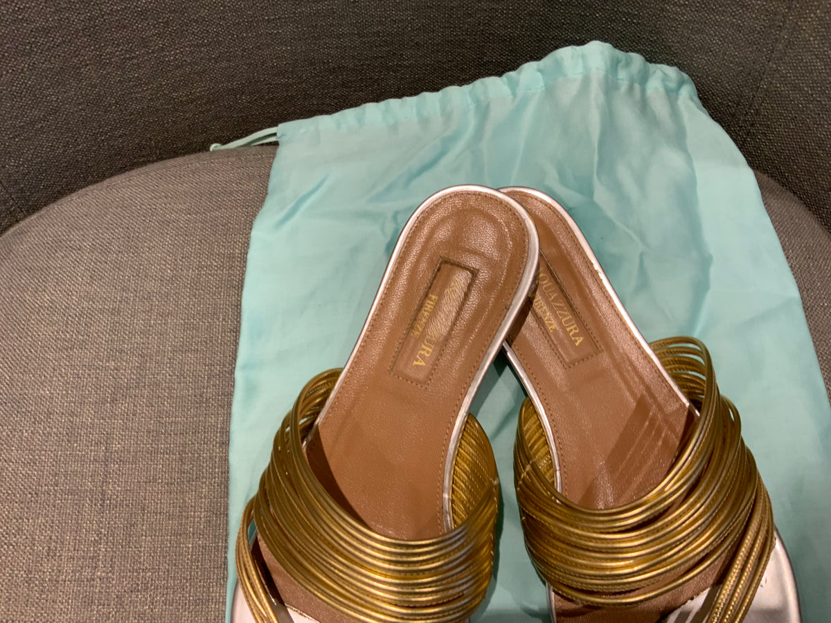 Aquazzura Gold Leather Flat Slippers Sandals Size 35 US 2 UK 5 ladies